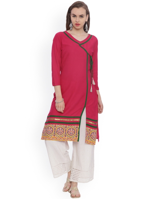 

Avaana Women Pink Solid Straight Angrakha Kurta