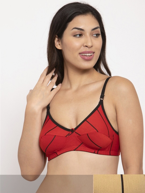 

Innocence Women Pack Of 2 Red & Beige Printed Cotton Non Padded Bra