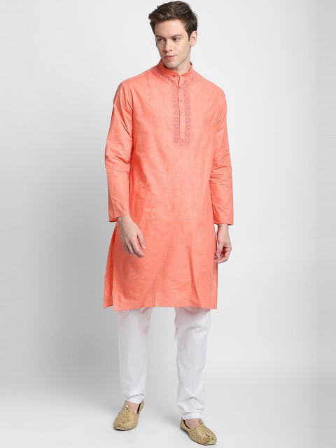 

DEVOILER Men Orange Floral Embroidered Kurta with Pyjamas