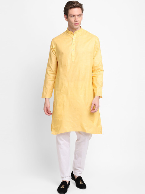 

DEVOILER Men Yellow Solid Cotton Blend Kurta with Pyjama Set