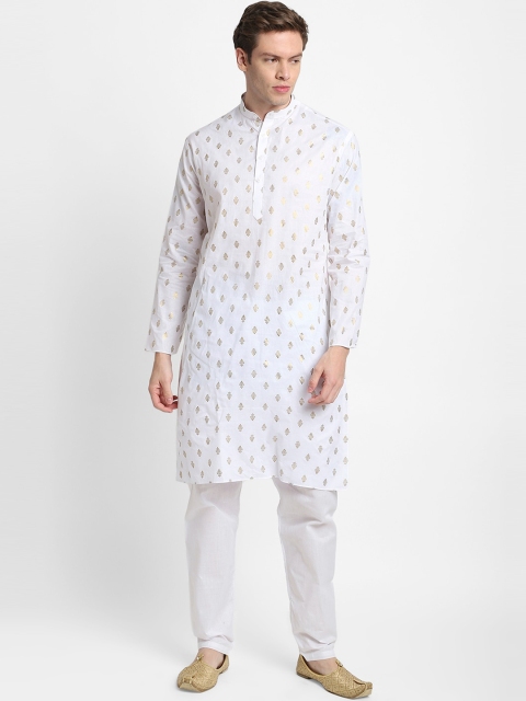 

DEVOILER Men White Ethnic Motifs Printed Pure Cotton Kurta with Pyjamas