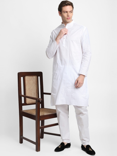 

DEVOILER Men White Self Design Pure Cotton Kurta With Pyjama