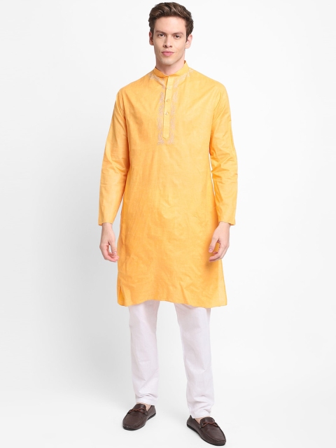 

DEVOILER Men Yellow Embroidered Kurta with Pyjamas