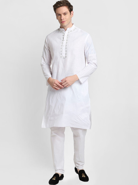 

DEVOILER Men White Thread Work Kurta with Pyjama set