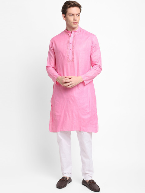 

DEVOILER Men Pink Thread Work Kurta with Pyjamas