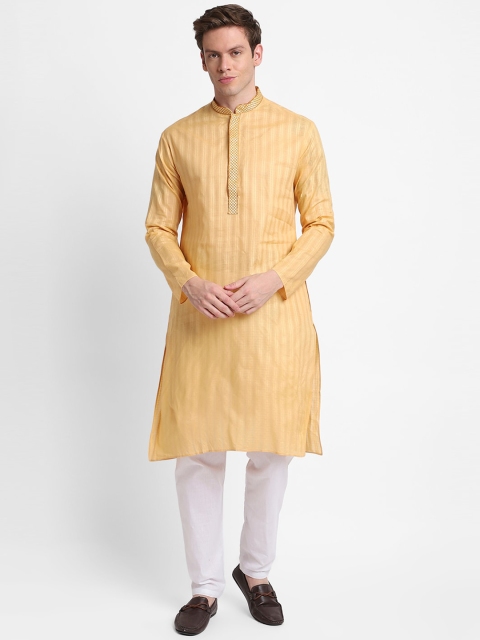 

DEVOILER Men Mustard Striped Pure Cotton Kurta with Pyjama