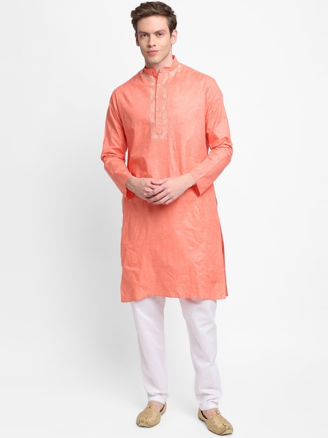 

DEVOILER Men Orange Floral Embroidered Kurta with Pyjamas