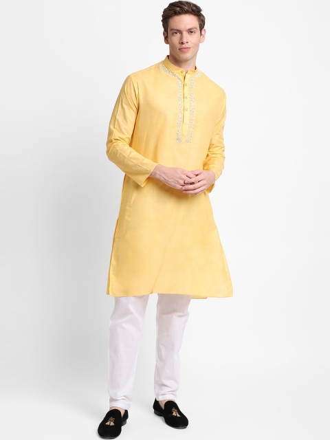 

DEVOILER Men Yellow Floral Embroidered Kurta with Pyjamas
