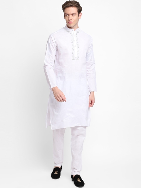 

DEVOILER Men White Cotton Blend Embroidered Kurta with Pyjama Set