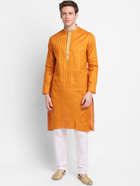 

DEVOILER Men Mustard Yellow & White Self Design Pure Cotton Straight Kurta with Pyjamas