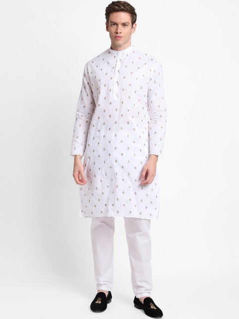 

DEVOILER Men White Printed Pure Cotton Straight Kurta with Pyjamas