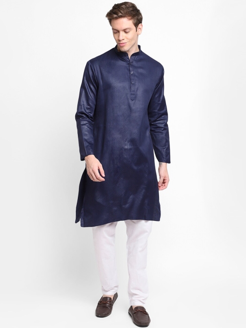 

DEVOILER Men Navy Blue & White Solid Cotton Blend Straight Kurta with Pyjamas