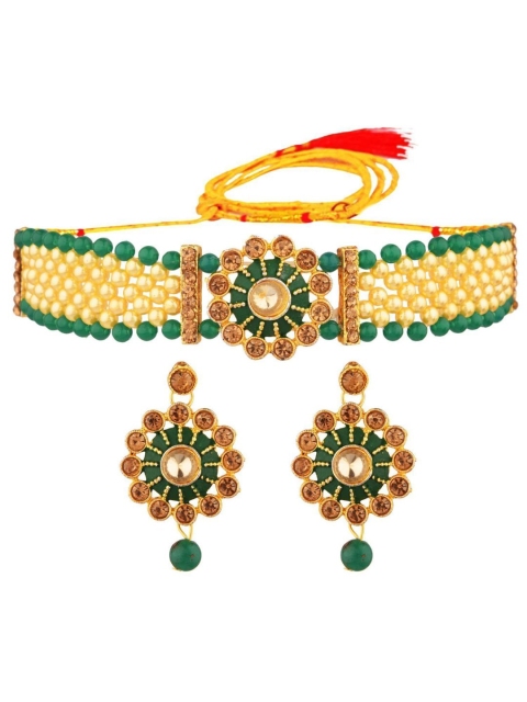 

Efulgenz Gold-Plated Green & Cream-Coloured Crystals Studded & Beaded Jewellery Set