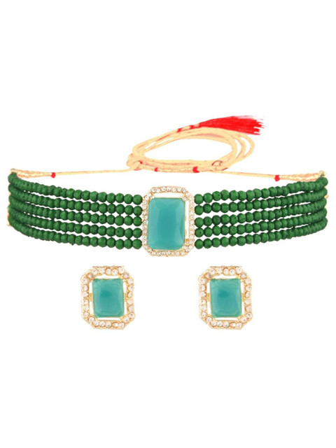 

Efulgenz Gold-Plated Green & Blue Kundan Studded & Beaded Jewellery Set