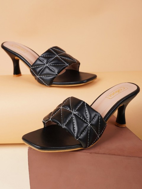 

Cogner Women Black Textured Kitten Sandals