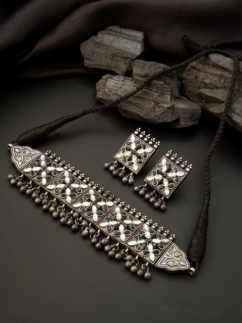 

Urmika Oxidised Silver-Plated & White Crystals Studded & Ghungroo Beaded Jewellery Set