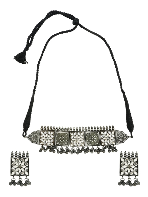 

Urmika Oxidized Silver-Plated White & Black Stones Studded Jewellery Set