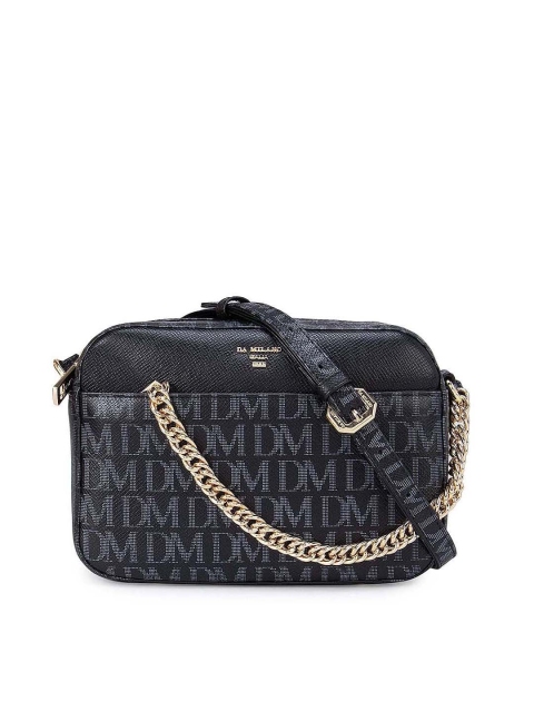 

Da Milano Black Animal Textured Leather Structured Sling Bag with Quilted