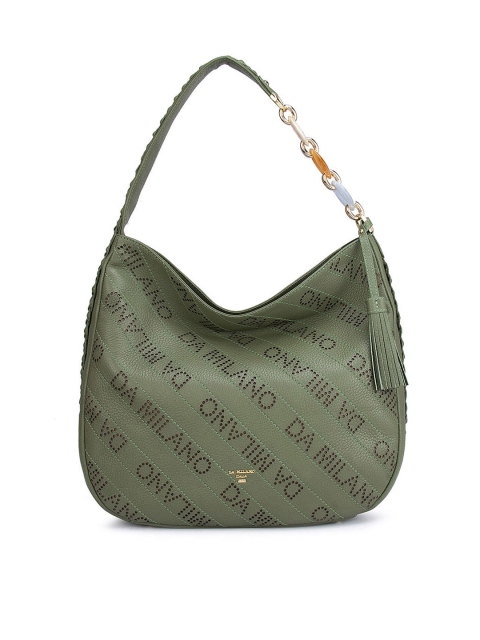 

Da Milano Green Textured Leather Structured Hobo Bag with Cut Work