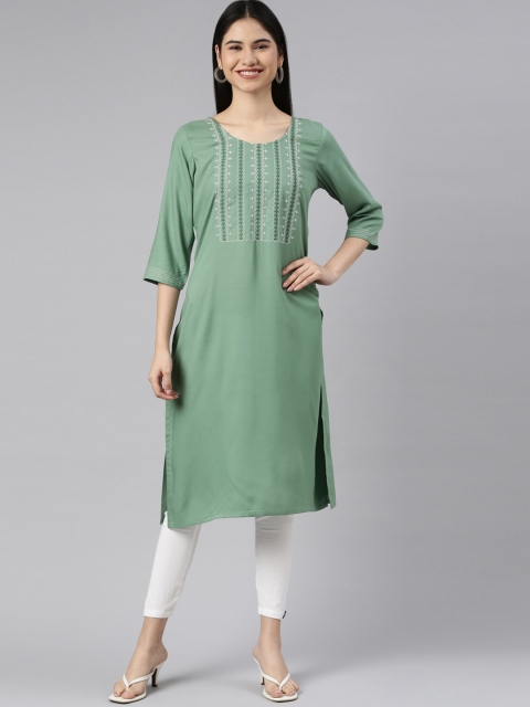

Marcia Women Green & White Geometric Embroidered Viscose Rayon Straight Kurta