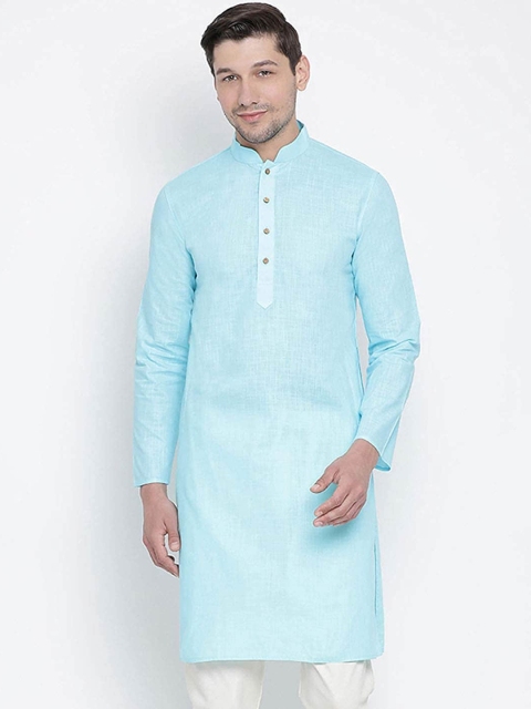 

ROYAL KURTA Men Blue Solid Long Sleeves Mandarin Collar Summer Sheers Cotton Kurta
