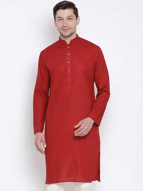

ROYAL KURTA Men Red Summer Sheers Cotton Long Kurta