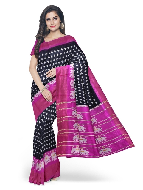 

Silk Bazar Black & Pink Floral Zari Silk Blend Ready to Wear Bhagalpuri Saree