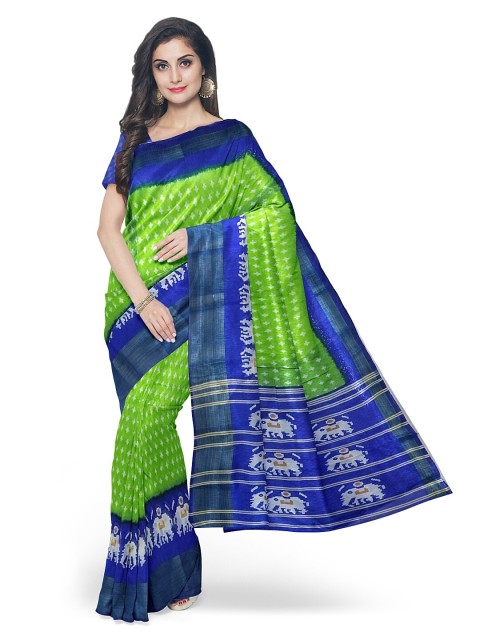 

Silk Bazar Green & Blue Floral Zari Silk Blend Ready to Wear Bhagalpuri Saree