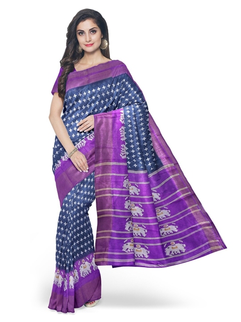 

Silk Bazar Grey & Purple Floral Zari Silk Blend Ready to Wear Bhagalpuri Saree