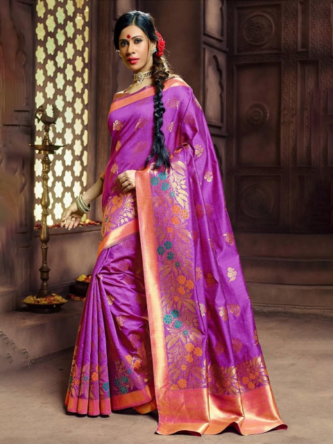 

KARAGIRI Purple & Green Floral Zari Silk Blend Banarasi Saree