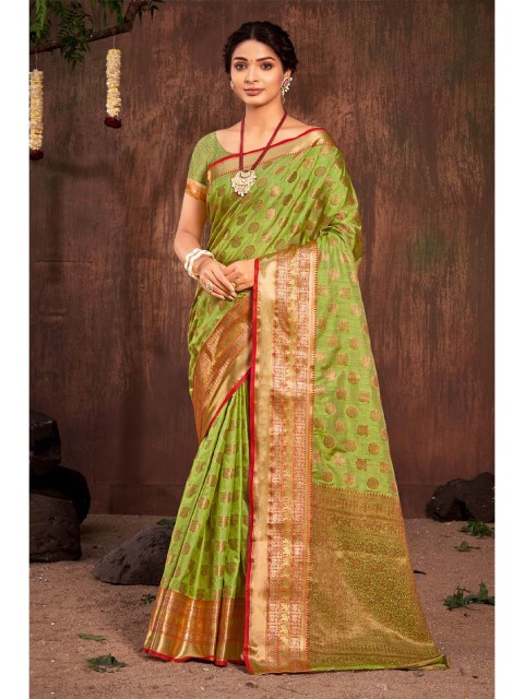 

KARAGIRI Green & Orange Woven Design Zari Silk Blend Banarasi Saree