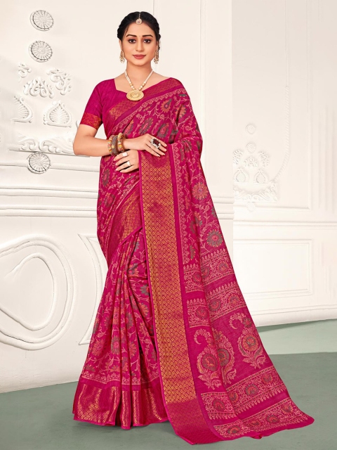 

KARAGIRI Pink & Green Floral Zari Saree