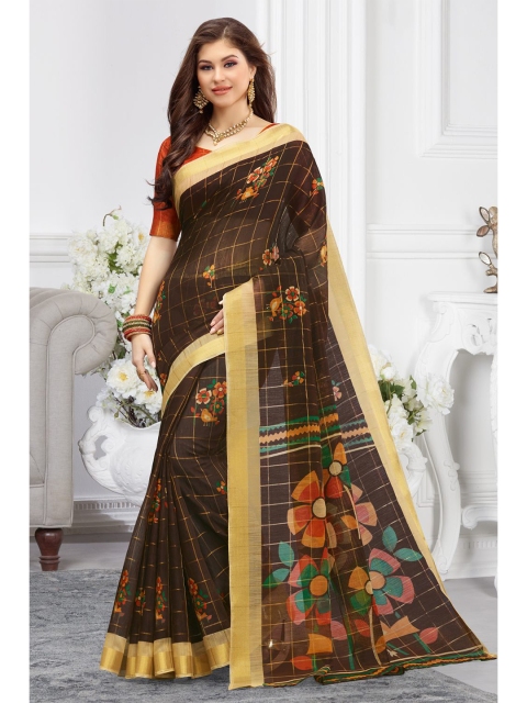 

KARAGIRI Brown & Green Floral Zari Saree