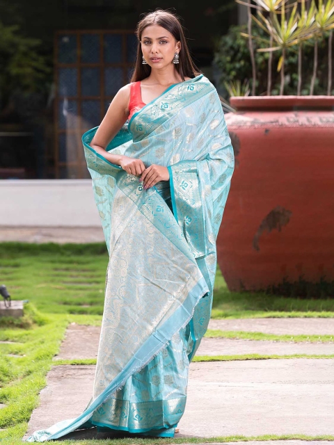 

KARAGIRI Blue & Silver-Toned Woven Design Zari Organza Banarasi Saree