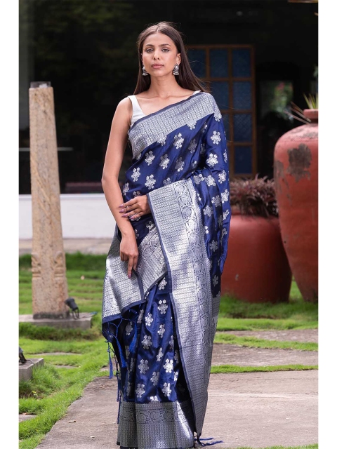 

KARAGIRI Blue & Silver-Toned Woven Design Zari Silk Blend Banarasi Saree