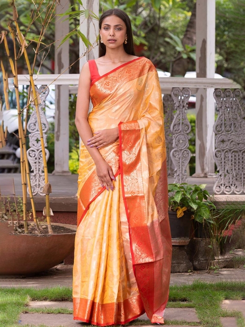 

KARAGIRI Yellow & Orange Floral Zari Kanjeevaram Saree