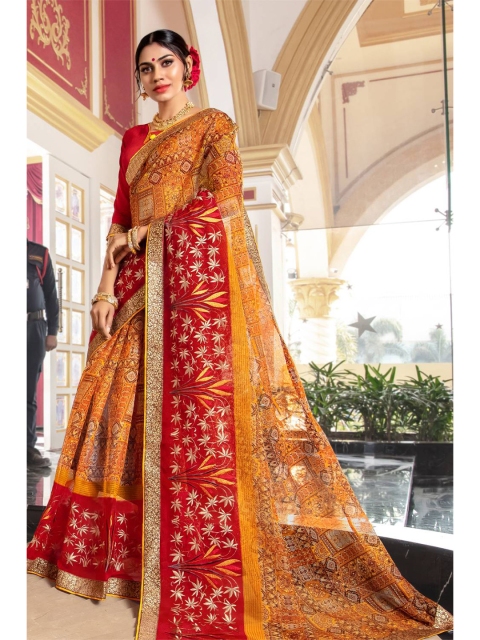 

KARAGIRI Red & Yellow Floral Zari Saree