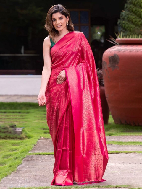 

KARAGIRI Pink & Gold-Toned Woven Design Zari Organza Banarasi Saree