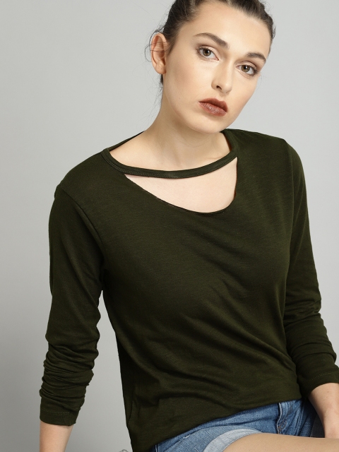 

Roadster Women Olive Green Solid T-shirt