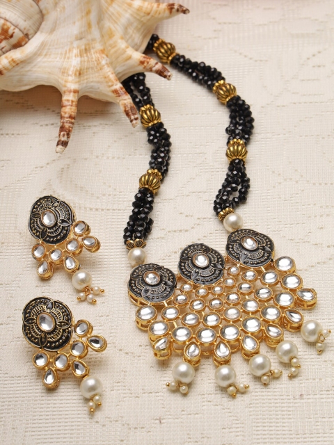 

Moedbuille Gold-Plated & Black Kundan Stone-Studded Pearl Beaded Jewellery Set