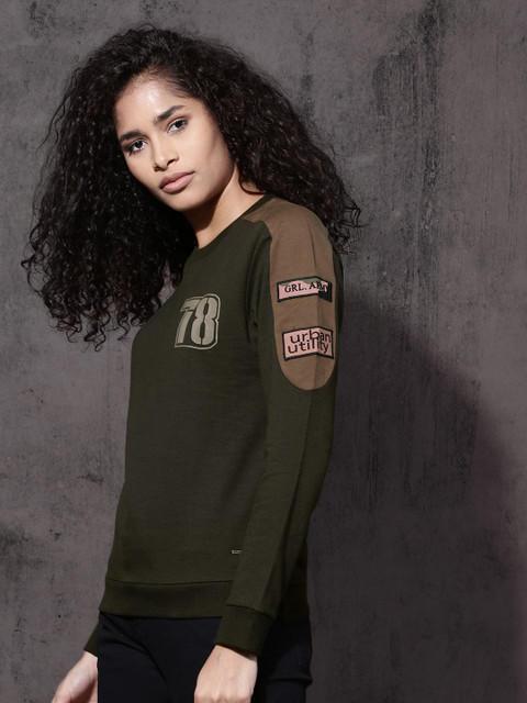 

Roadster Women Olive Green Solid Sweatshirt