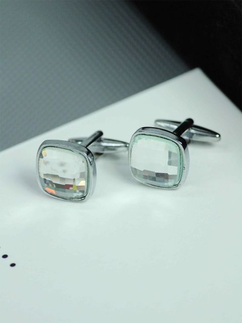 

Tossido Men Silver-Toned & White Geometric Cufflink