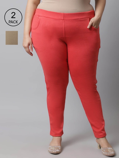 

TAG 7 Plus Size Women Pack of 2 Solid Ankle-Length Leggings, Beige