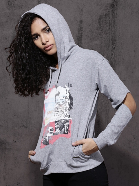 

Roadster Women Grey Melange Printed Hooded Sweatshirt with Slash Sleeves