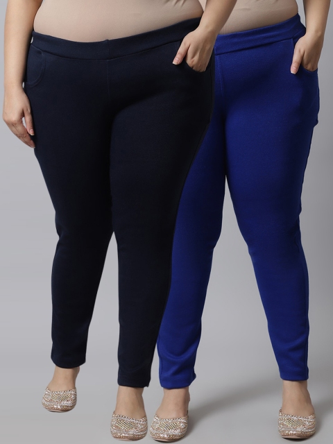 

TAG 7 Plus Size Women Pack of 2 Solid Ankle-Length Leggings, Navy blue
