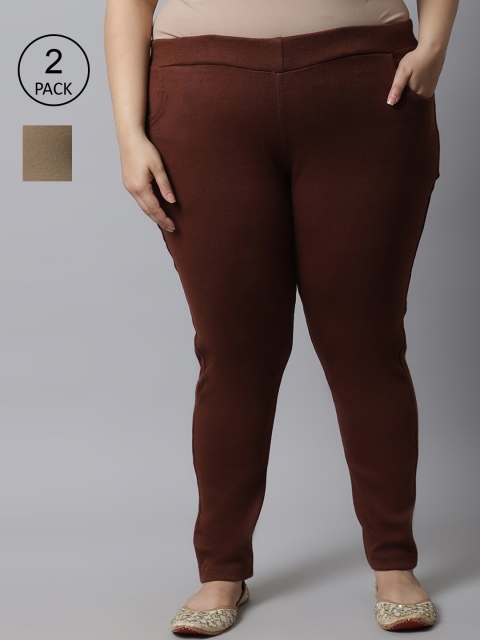 

TAG 7 Plus Size Women Pack of 2 Solid Ankle-Length Leggings, Brown