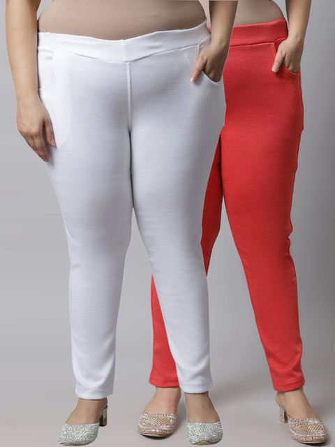 

TAG 7 Plus Size Women Pack of 2 Solid Ankle-Length Leggings, Peach