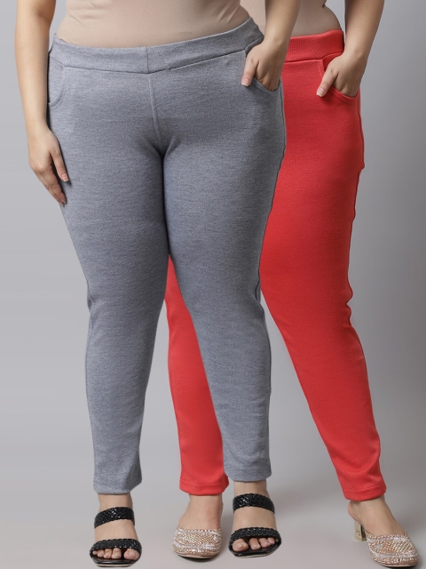 

TAG 7 Plus Size Women Pack of 2 Solid Ankle-Length Leggings, Peach
