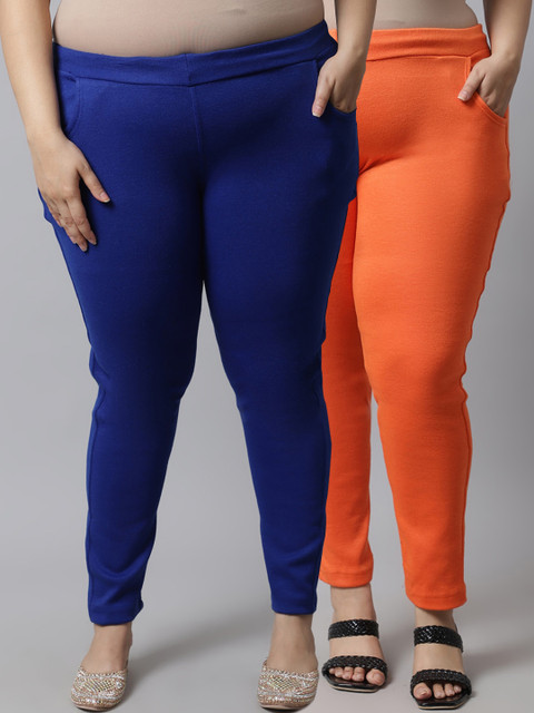 

TAG 7 Plus Size Women Pack of 2 Solid Ankle-Length Leggings, Orange