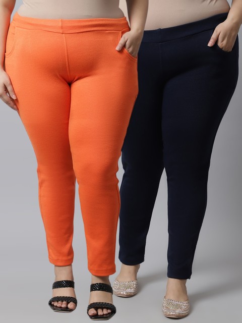 

TAG 7 Plus Size Women Pack of 2 Solid Ankle-Length Leggings, Orange
